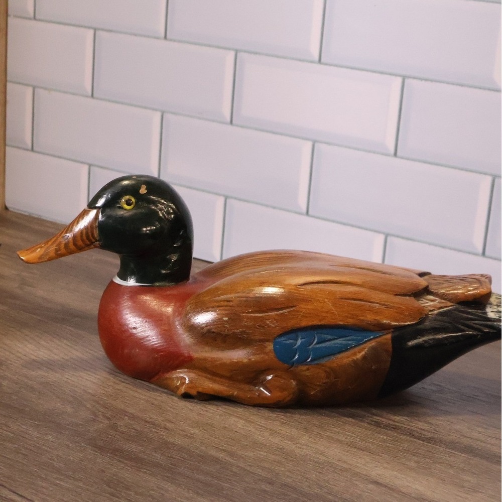 Vintage Hand Carved Wooden Mallard Duck Decoy Hand Painted Folk Art Glass Eye